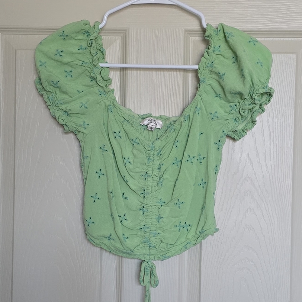 Dizzy Lizzy Green Puff Sleeve Crop Top with Tie Front